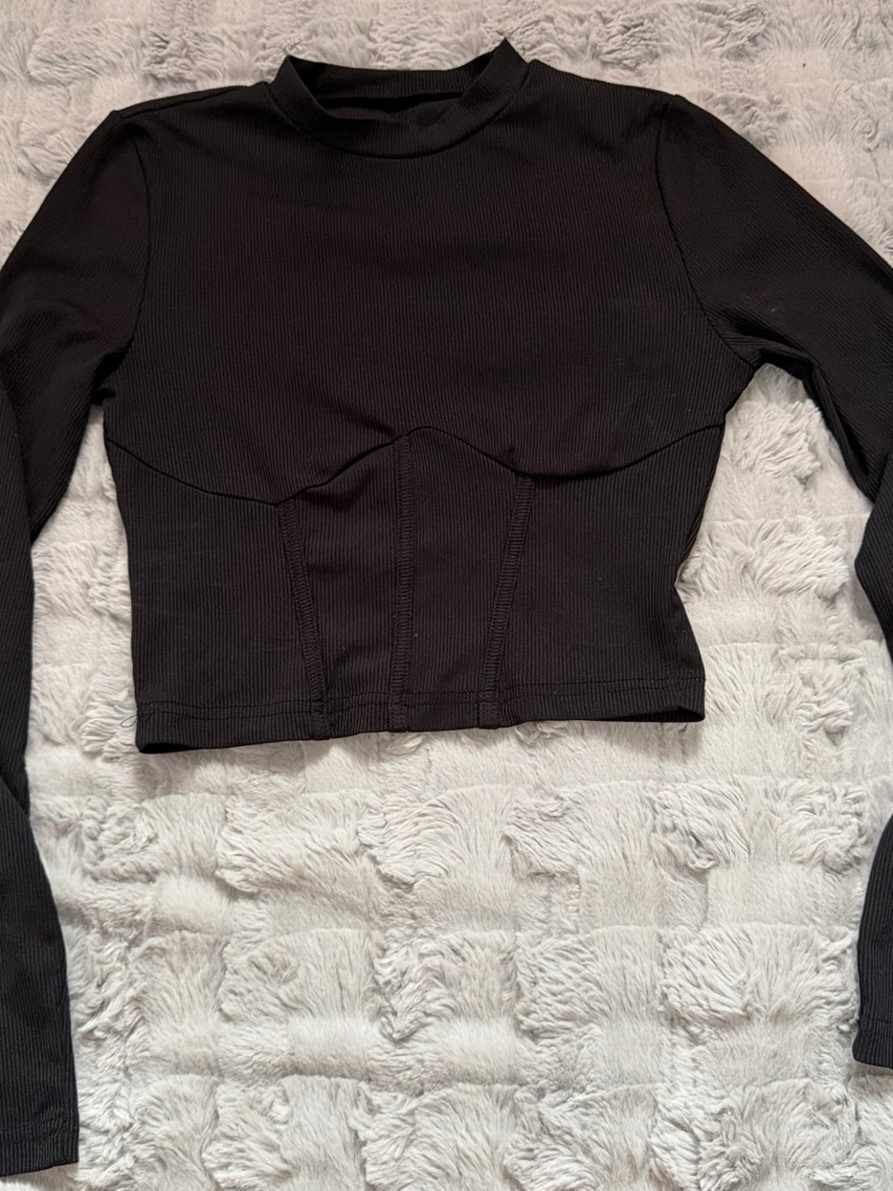 Corset Style Black Long-Sleeve Ribbed Crop Top